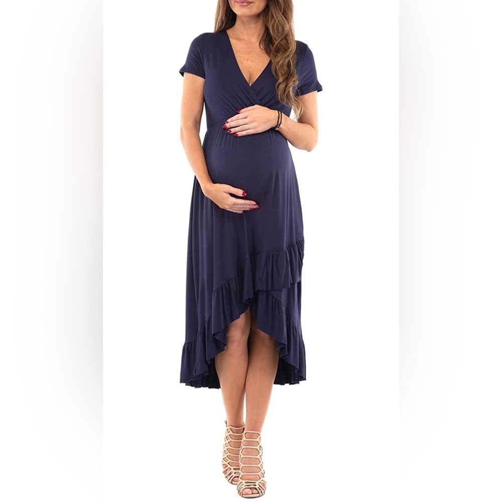 Mother Bee Maternity Short or 3/4 Sleeve Hi-Low Ruffle Faux Wrap Dress